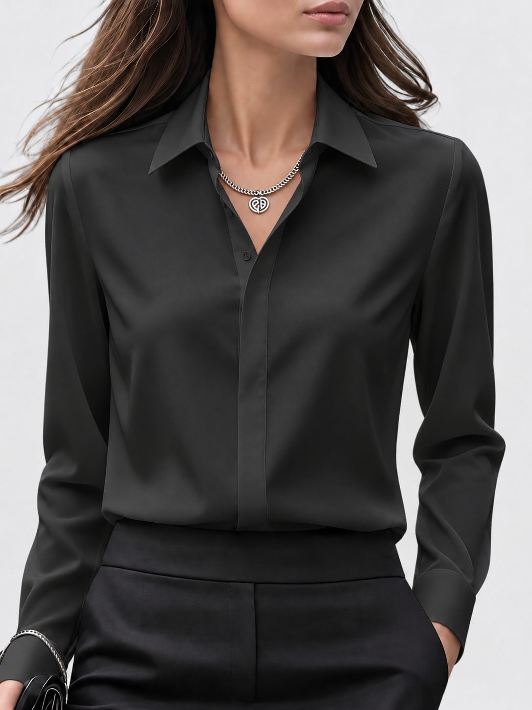 Collared Button-Down Blouse with Long Sleeves for Women - Black