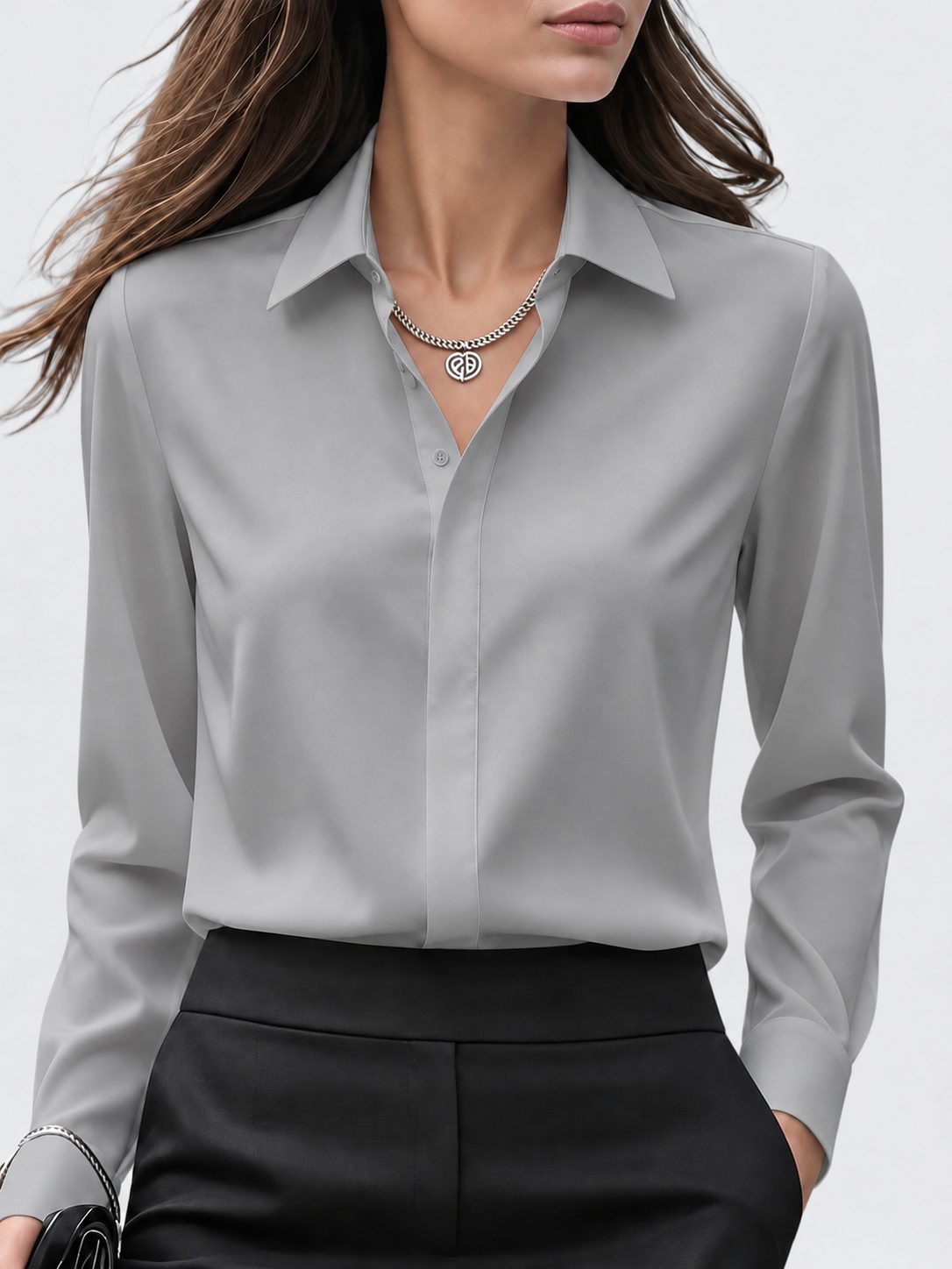 Collared Button-Down Blouse with Long Sleeves for Women - Grey