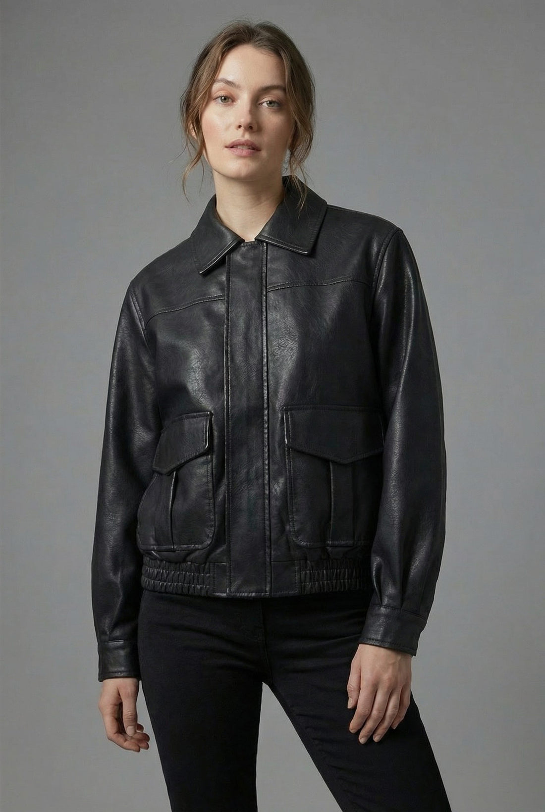 Collared Faux Leather Jacket for Women