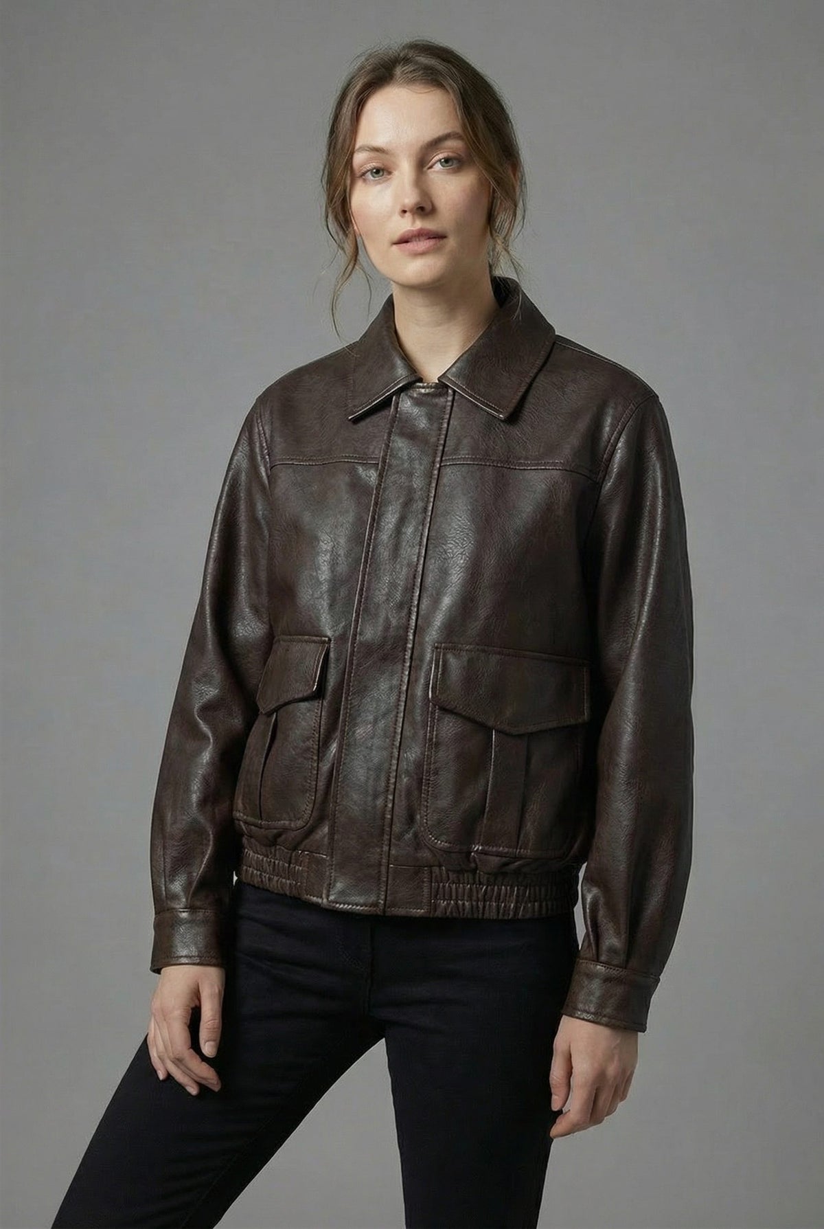 Collared Faux Leather Jacket for Women - Coffee