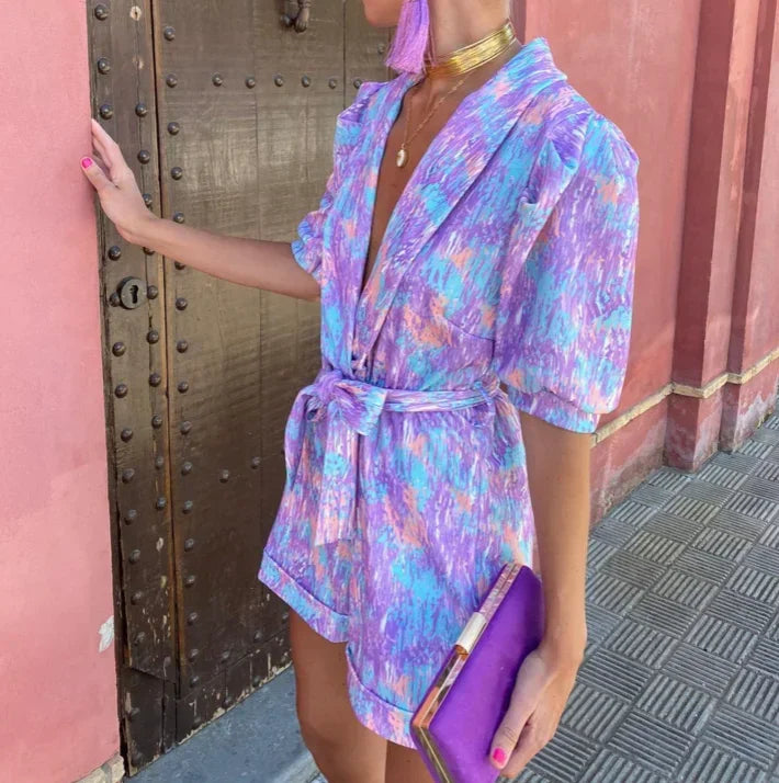 Wedding Guest Belted Puff Sleeve Romper for Women