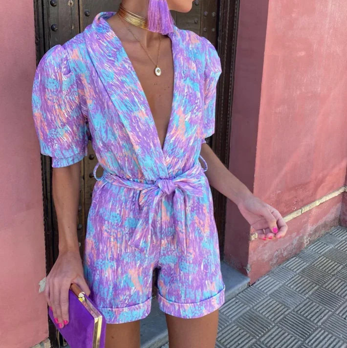 Wedding Guest Belted Puff Sleeve Romper for Women