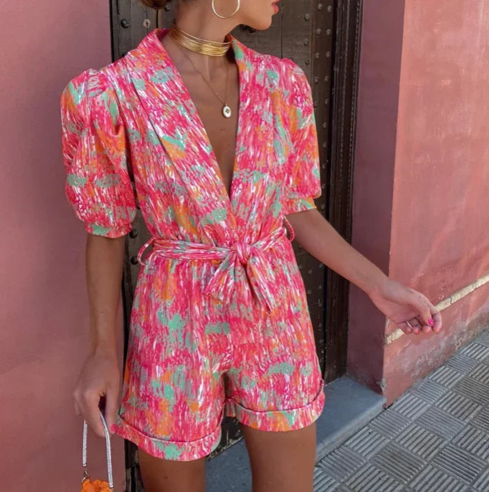 Wedding Guest Belted Puff Sleeve Romper for Women