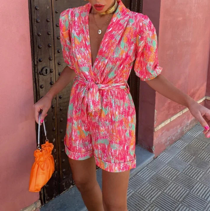 Wedding Guest Belted Puff Sleeve Romper for Women