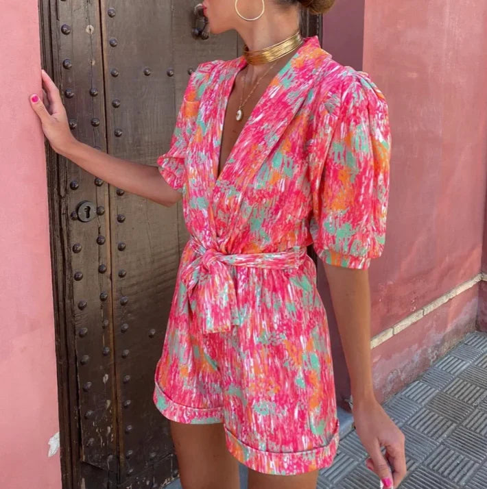 Wedding Guest Belted Puff Sleeve Romper for Women