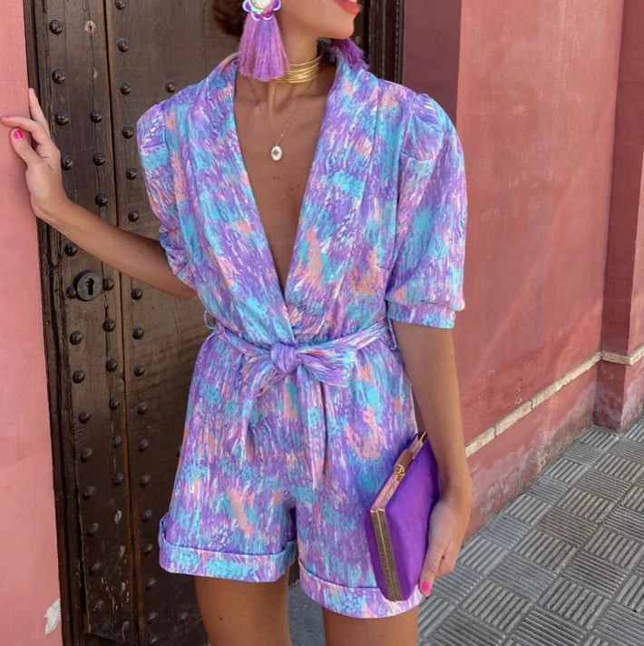 Wedding Guest Belted Puff Sleeve Romper for Women