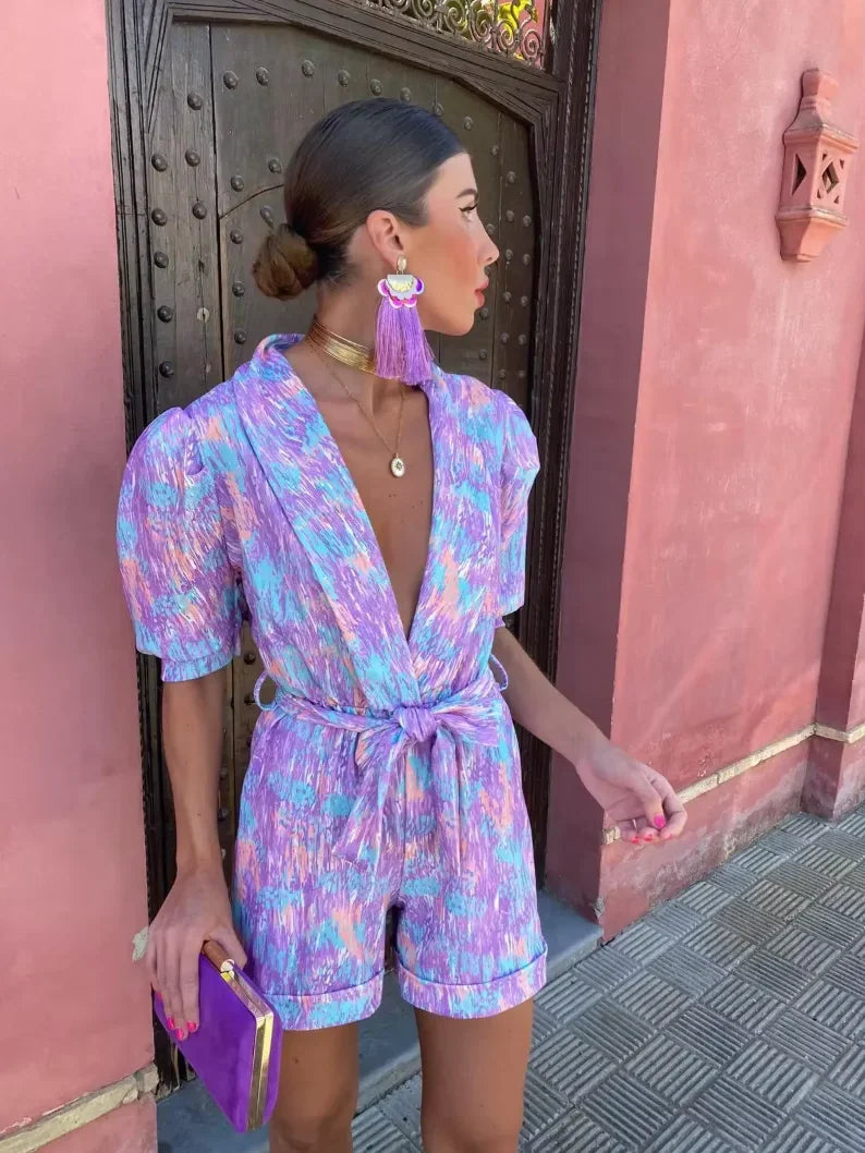 Wedding Guest Belted Puff Sleeve Romper for Women