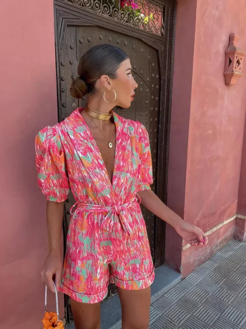 Wedding Guest Belted Puff Sleeve Romper for Women