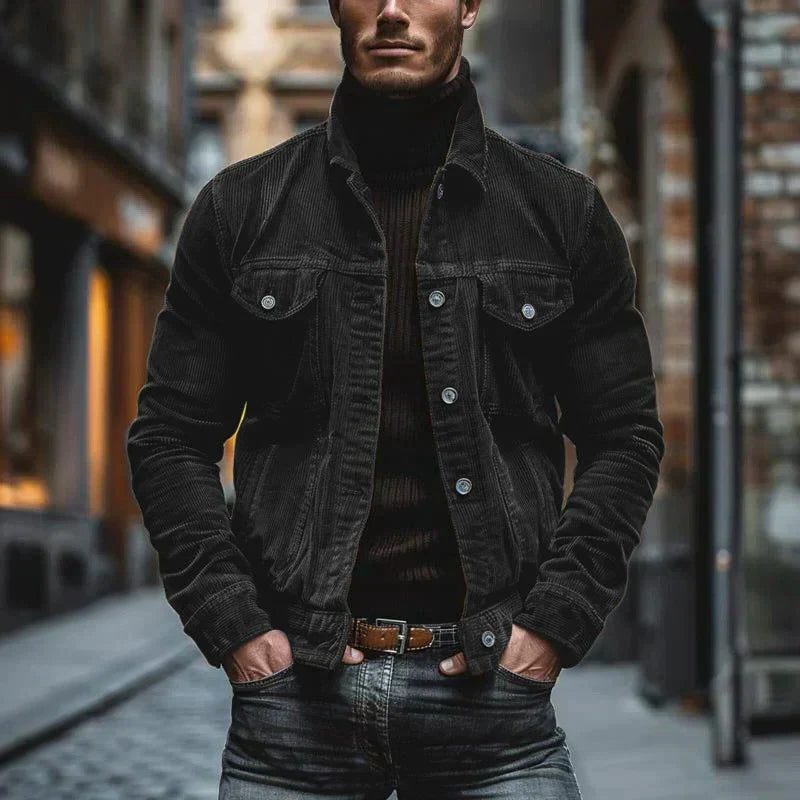 Corduroy Button-Down Jacket for Men - Black