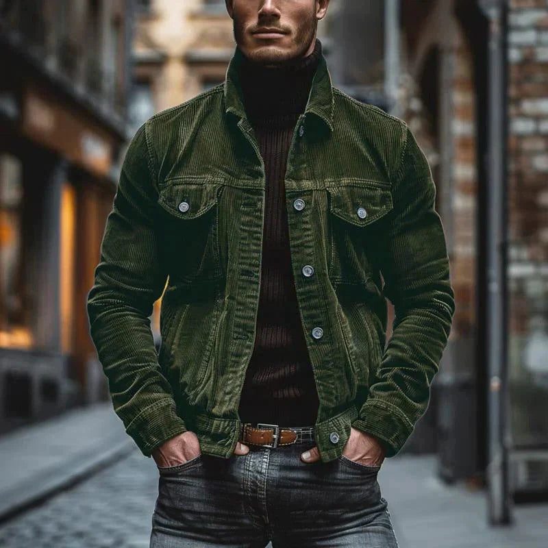 Corduroy Button-Down Jacket for Men - Olive Green