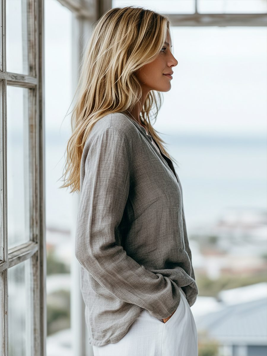 Cotton-Linen Henley Long-Sleeve Shirt for Women - View 3