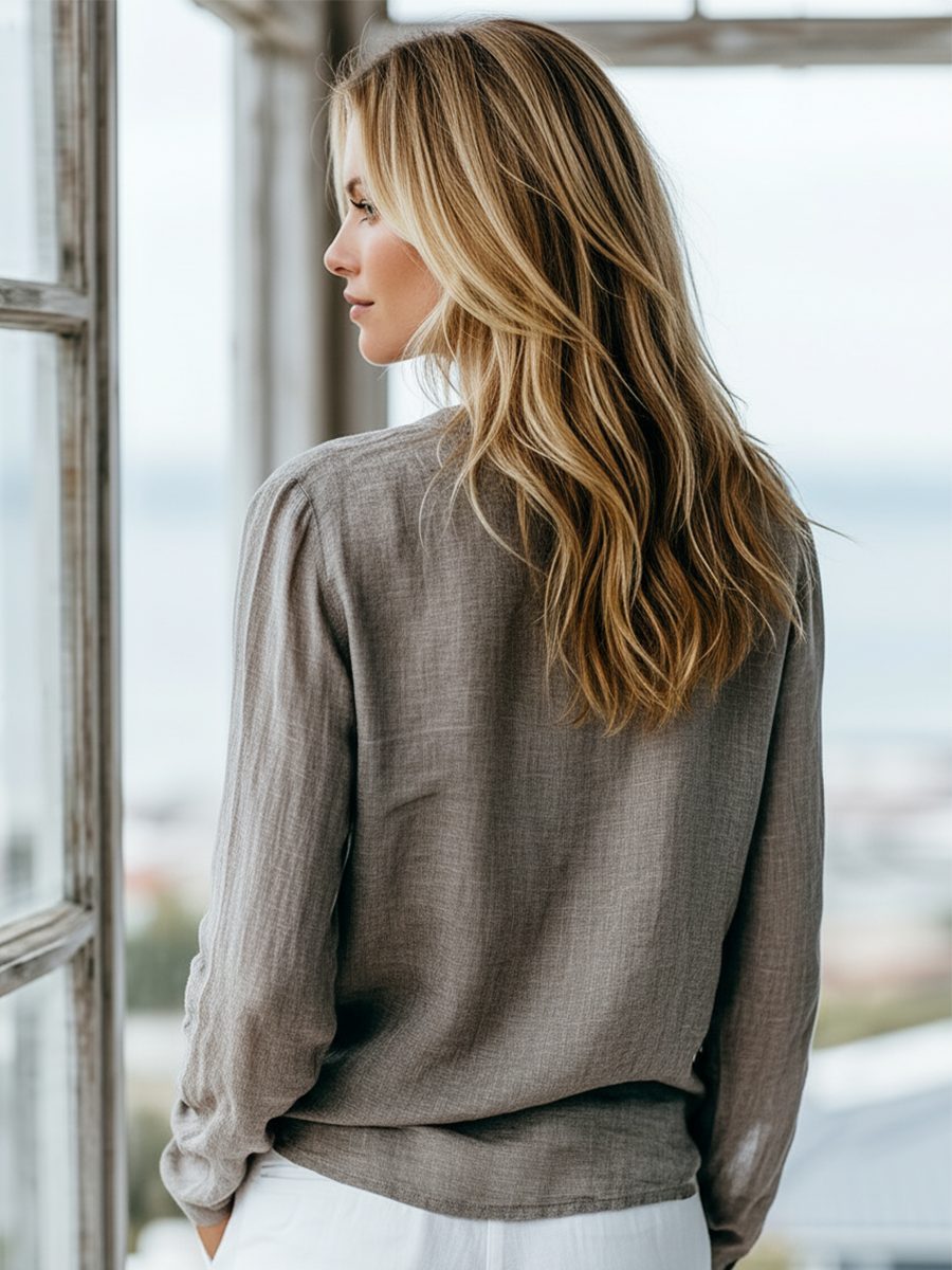 Cotton-Linen Henley Long-Sleeve Shirt for Women - View 4