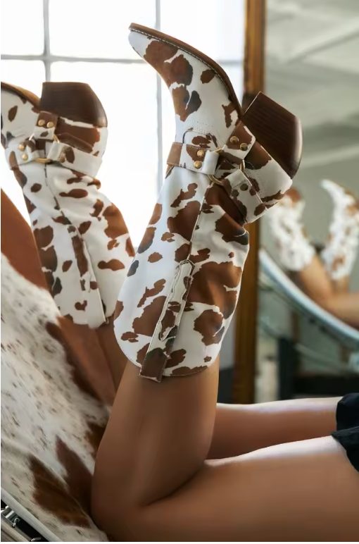 Cow-Print Block Heel Cowboy Boots for Women