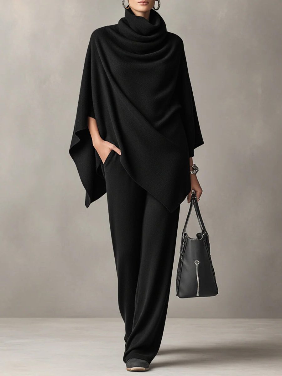 Cowl Neck Draped Poncho Top with Long Straight Leg Trousers Set for Women