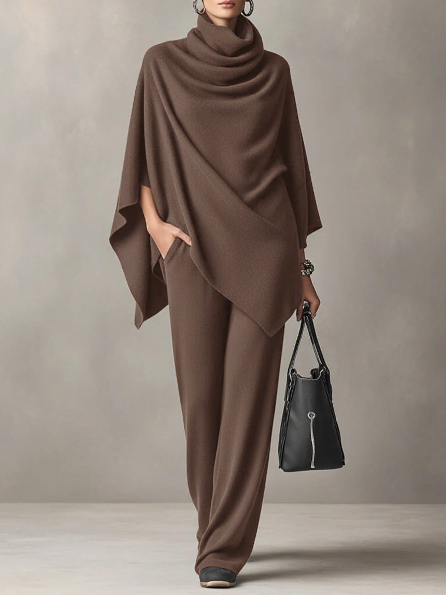 Cowl Neck Draped Poncho Top with Long Straight Leg Trousers Set for Women - Brown