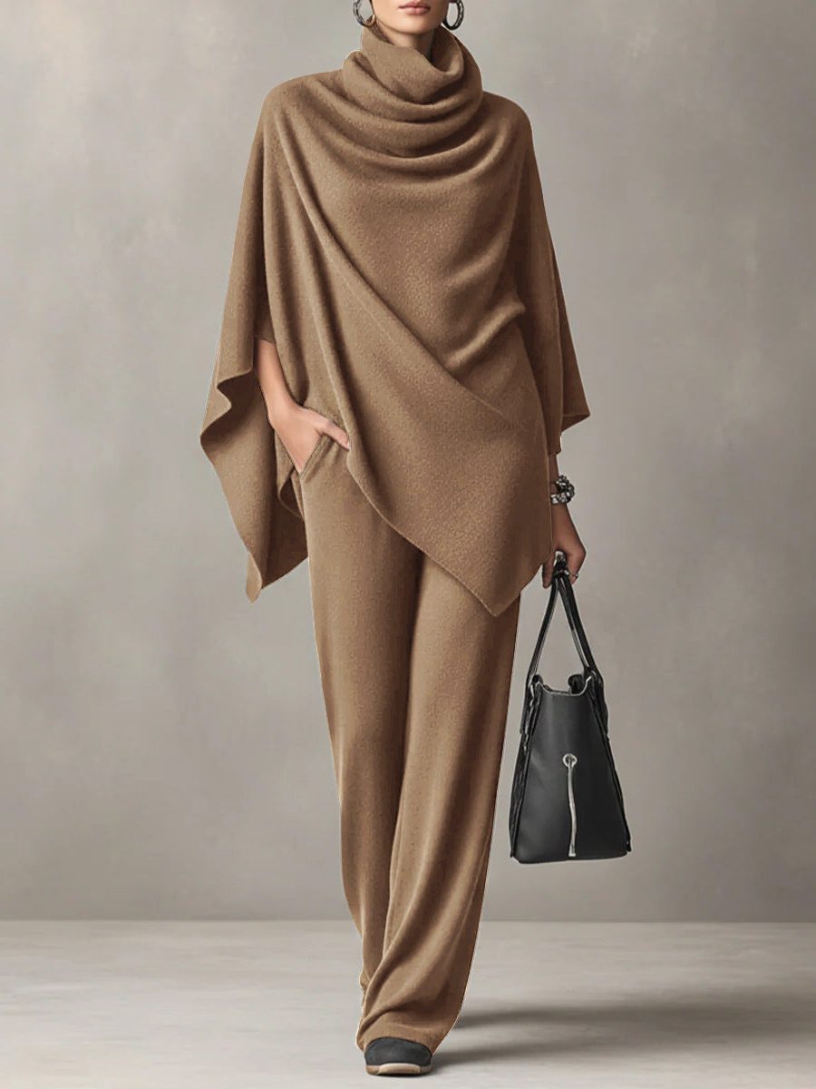 Cowl Neck Draped Poncho Top with Long Straight Leg Trousers Set for Women - Khaki