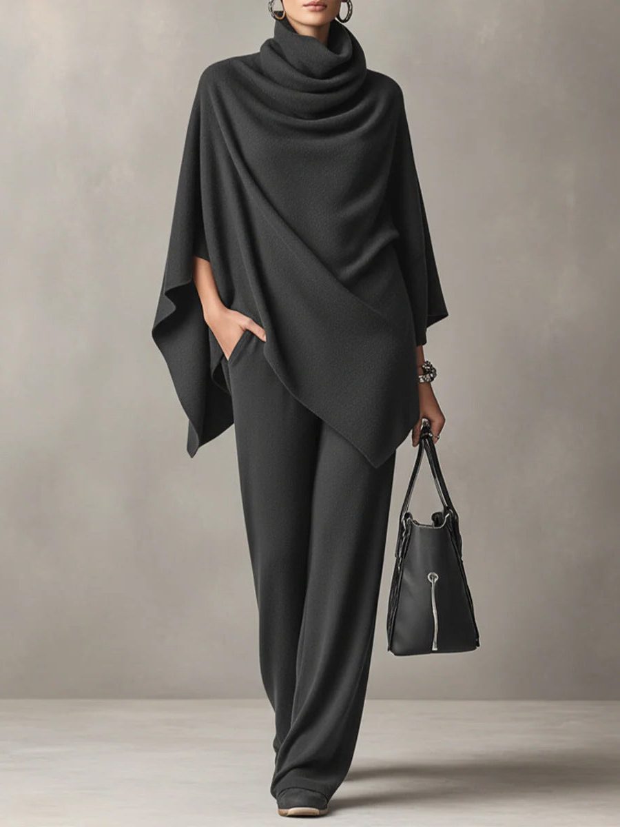 Cowl Neck Draped Poncho Top with Long Straight Leg Trousers Set for Women - Grey