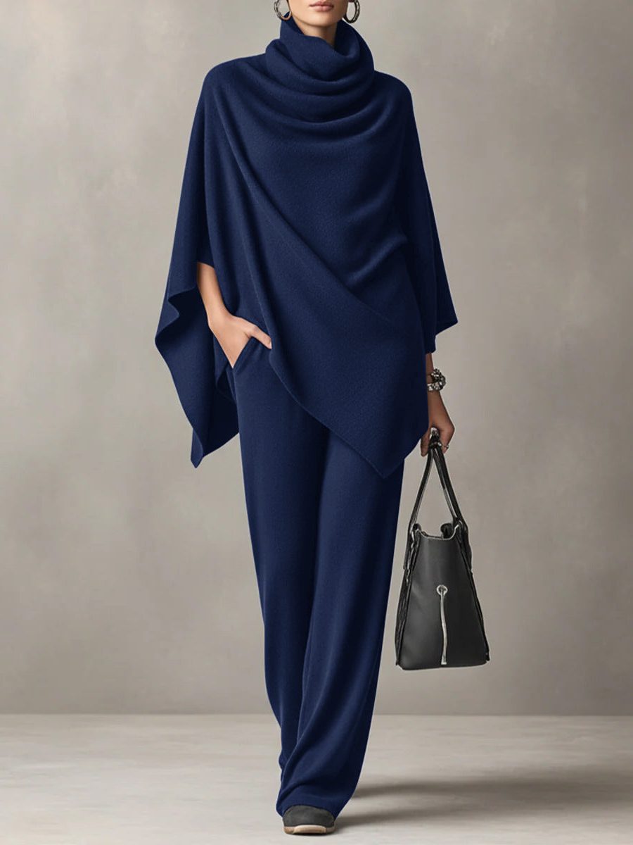 Cowl Neck Draped Poncho Top with Long Straight Leg Trousers Set for Women - Navy