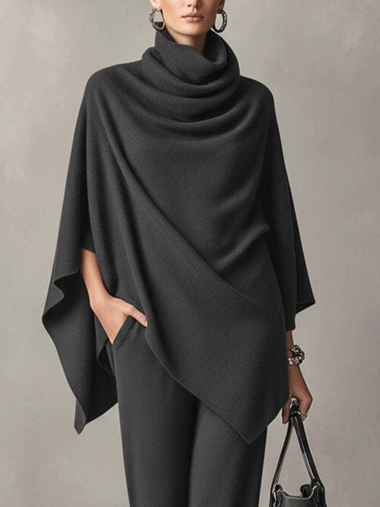 Cowl Neck Draped Poncho Top with Long Straight Leg Trousers Set for Women - View 6