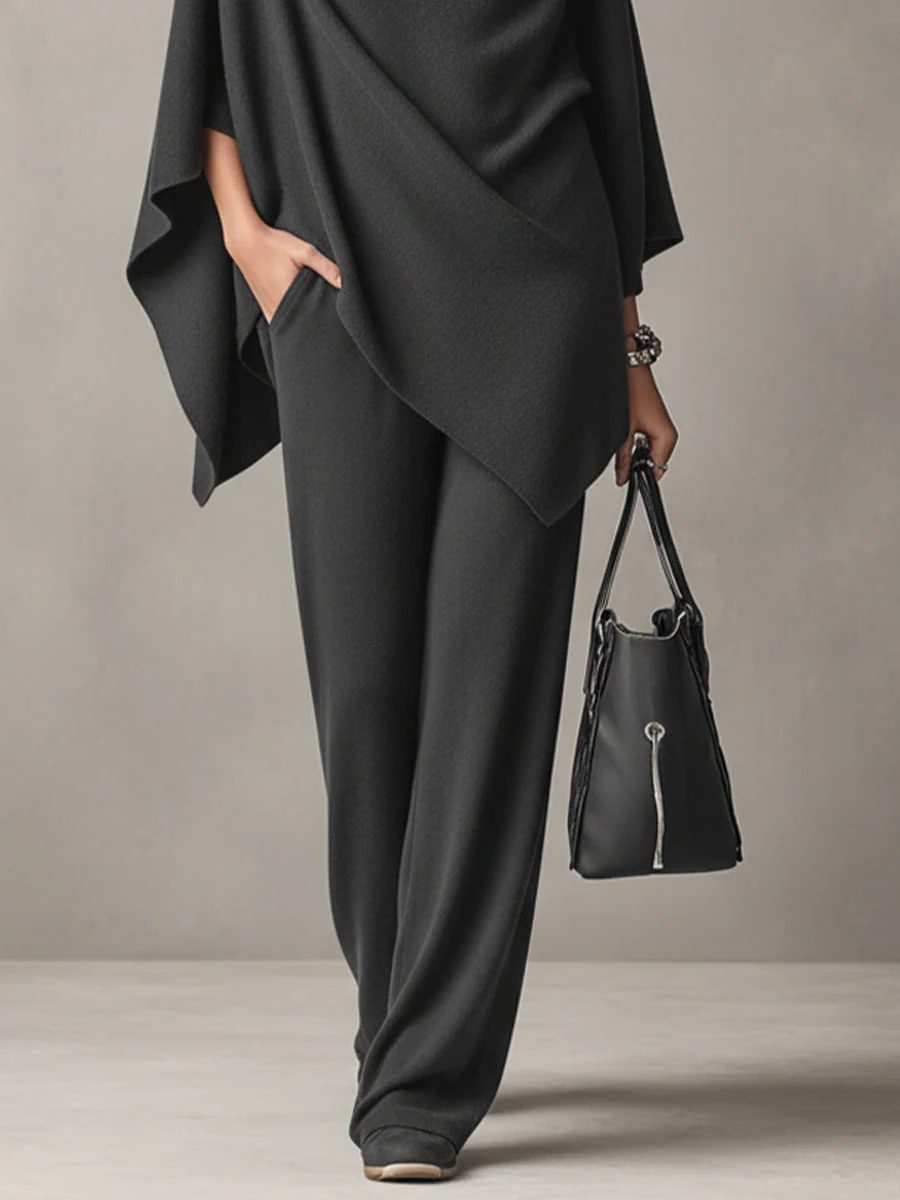 Cowl Neck Draped Poncho Top with Long Straight Leg Trousers Set for Women - View 7