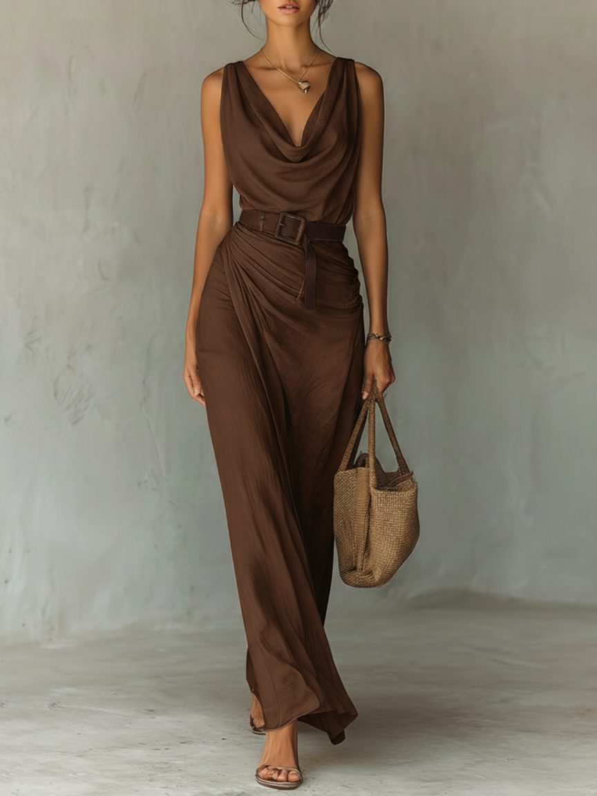 Cowl Neck Sleeveless Belted Maxi Dress for Women