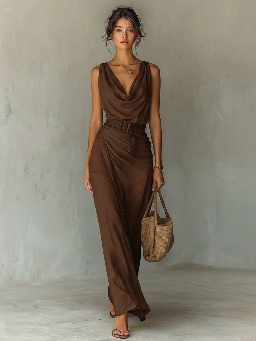 Cowl Neck Sleeveless Belted Maxi Dress for Women - View 5