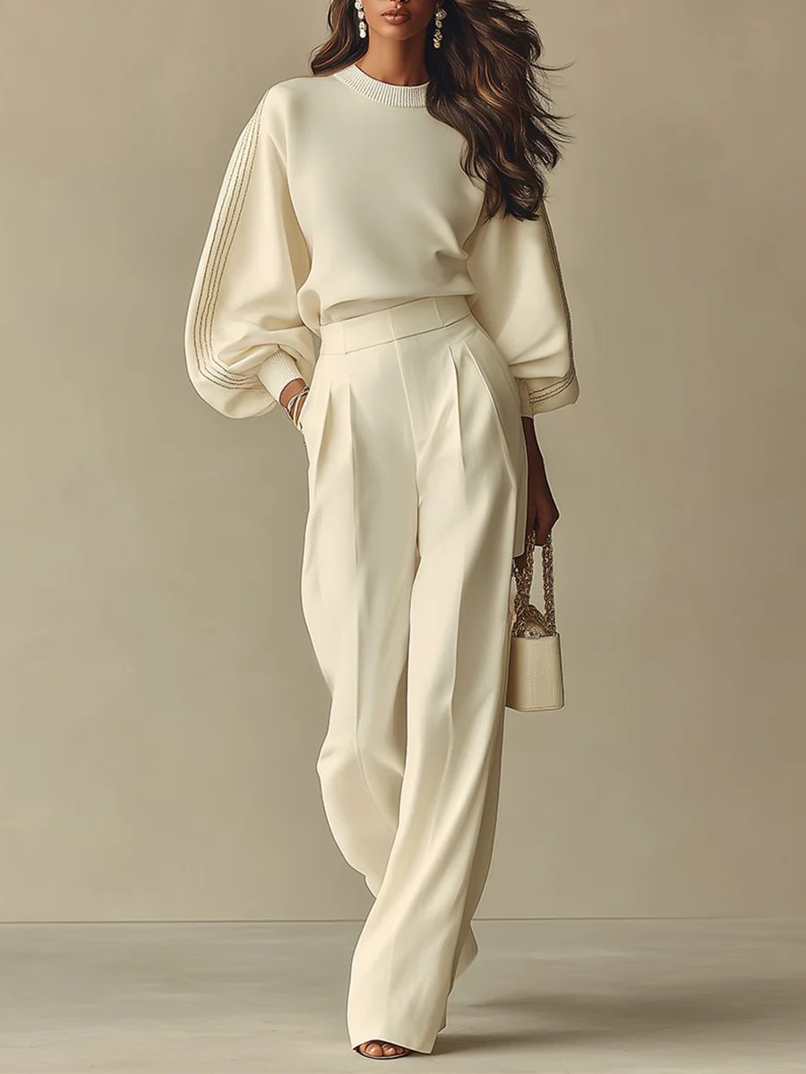 Crew Neck Ribbed Knit Pleated Wide Leg Set for Women