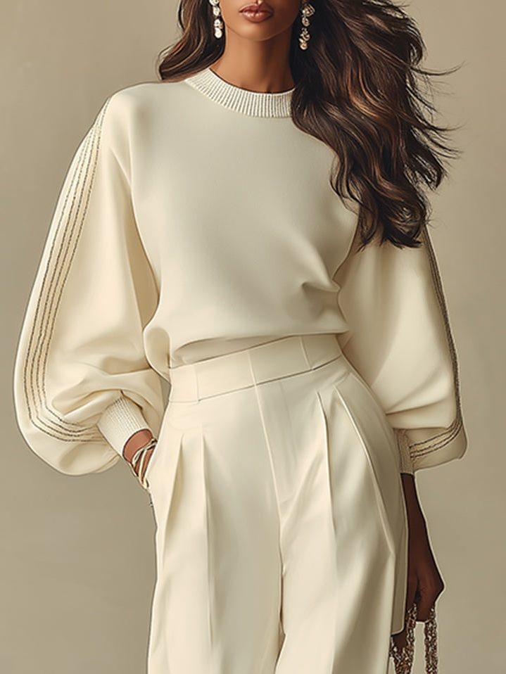 Crew Neck Ribbed Knit Pleated Wide Leg Set for Women - View 2