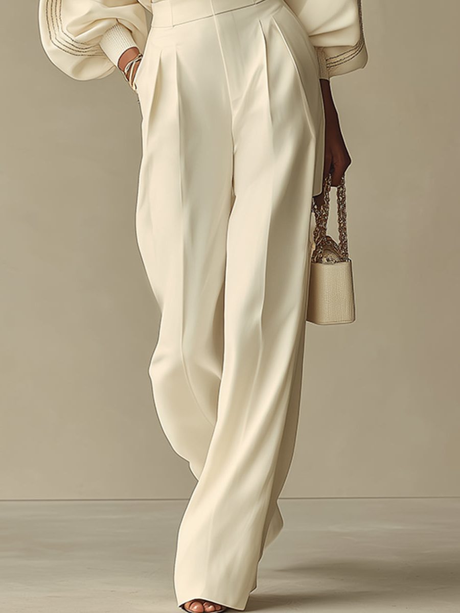 Crew Neck Ribbed Knit Pleated Wide Leg Set for Women - View 3