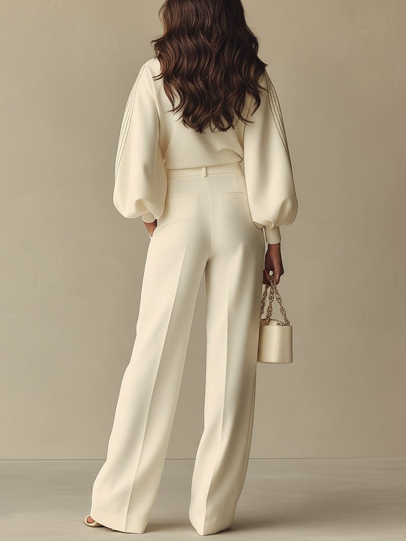 Crew Neck Ribbed Knit Pleated Wide Leg Set for Women - View 4