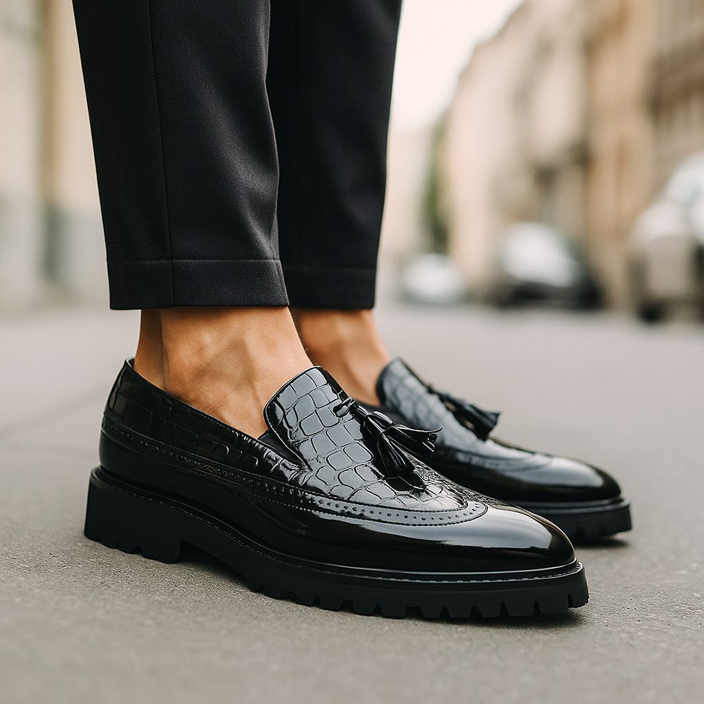 Croc-Embossed Tassel Loafers with Lug Sole for Men - Crimson Black