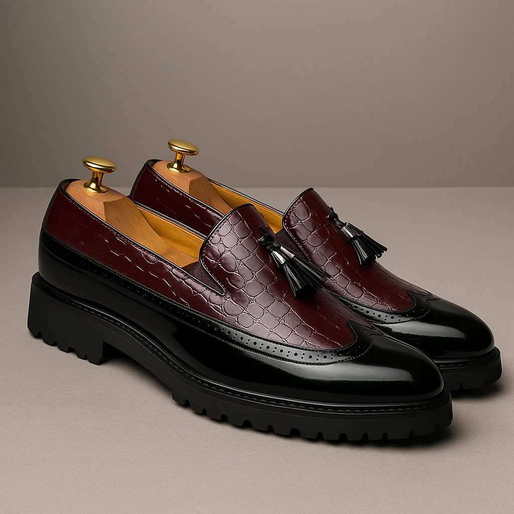 Croc-Embossed Tassel Loafers with Lug Sole for Men