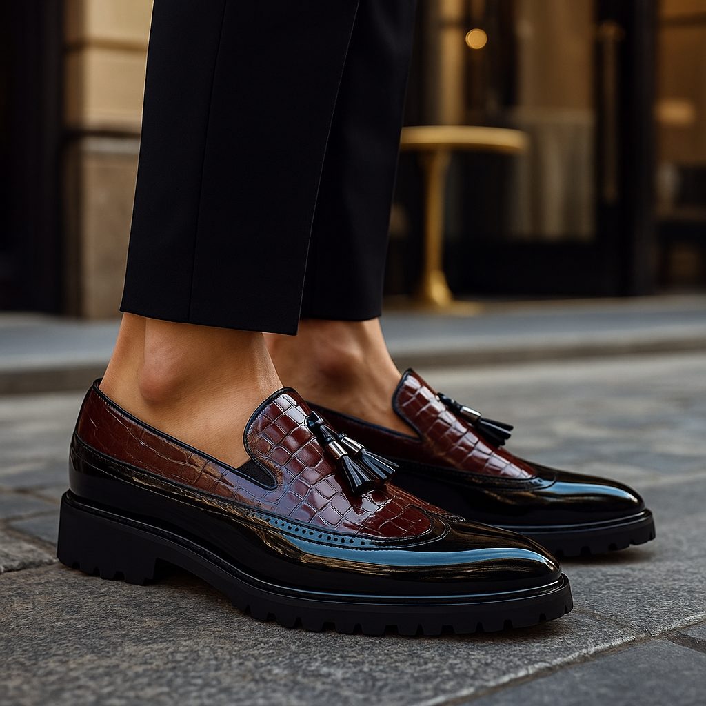 Croc-Embossed Tassel Loafers with Lug Sole for Men - Dark Red