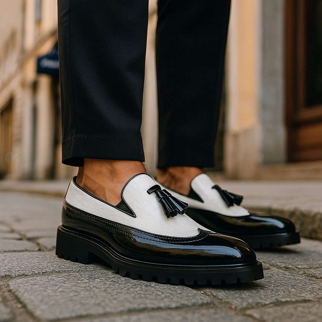 Croc-Embossed Tassel Loafers with Lug Sole for Men - Black and White