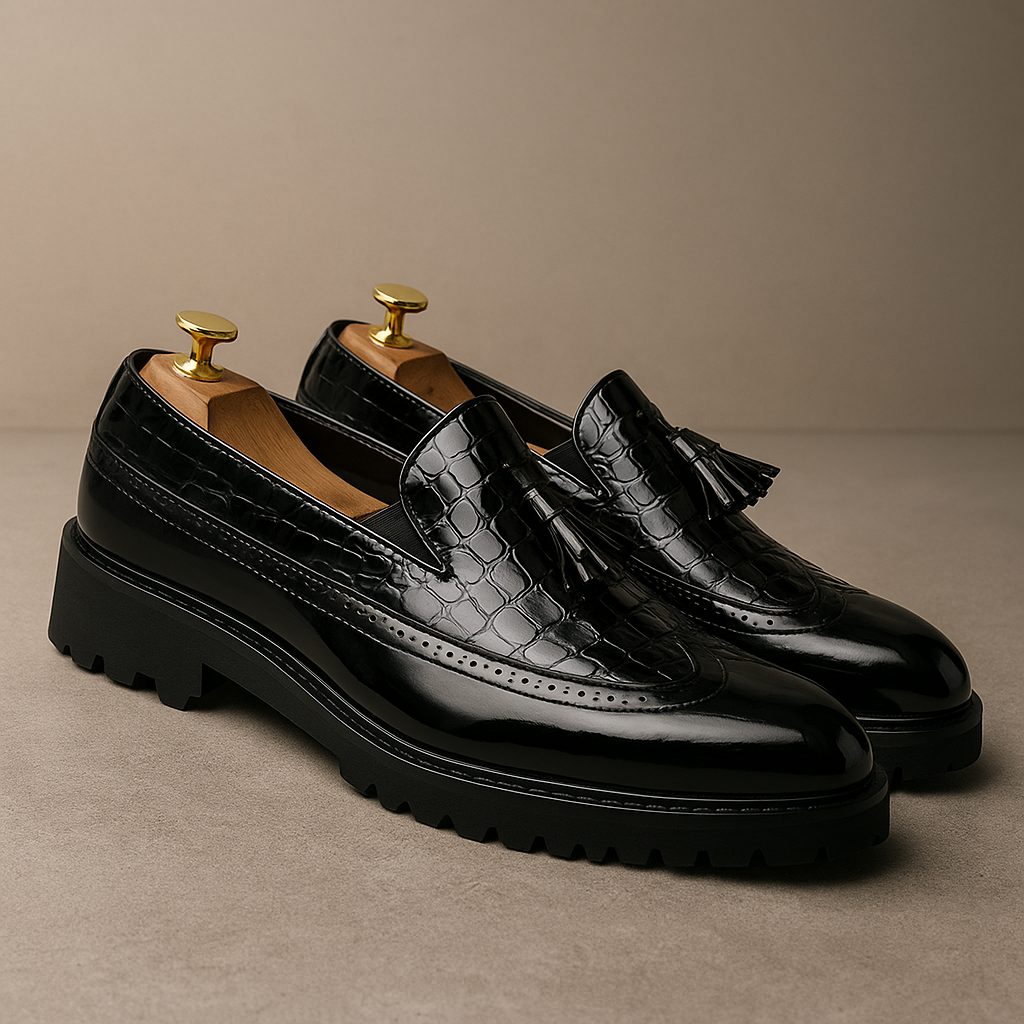 Croc-Embossed Tassel Loafers with Lug Sole for Men