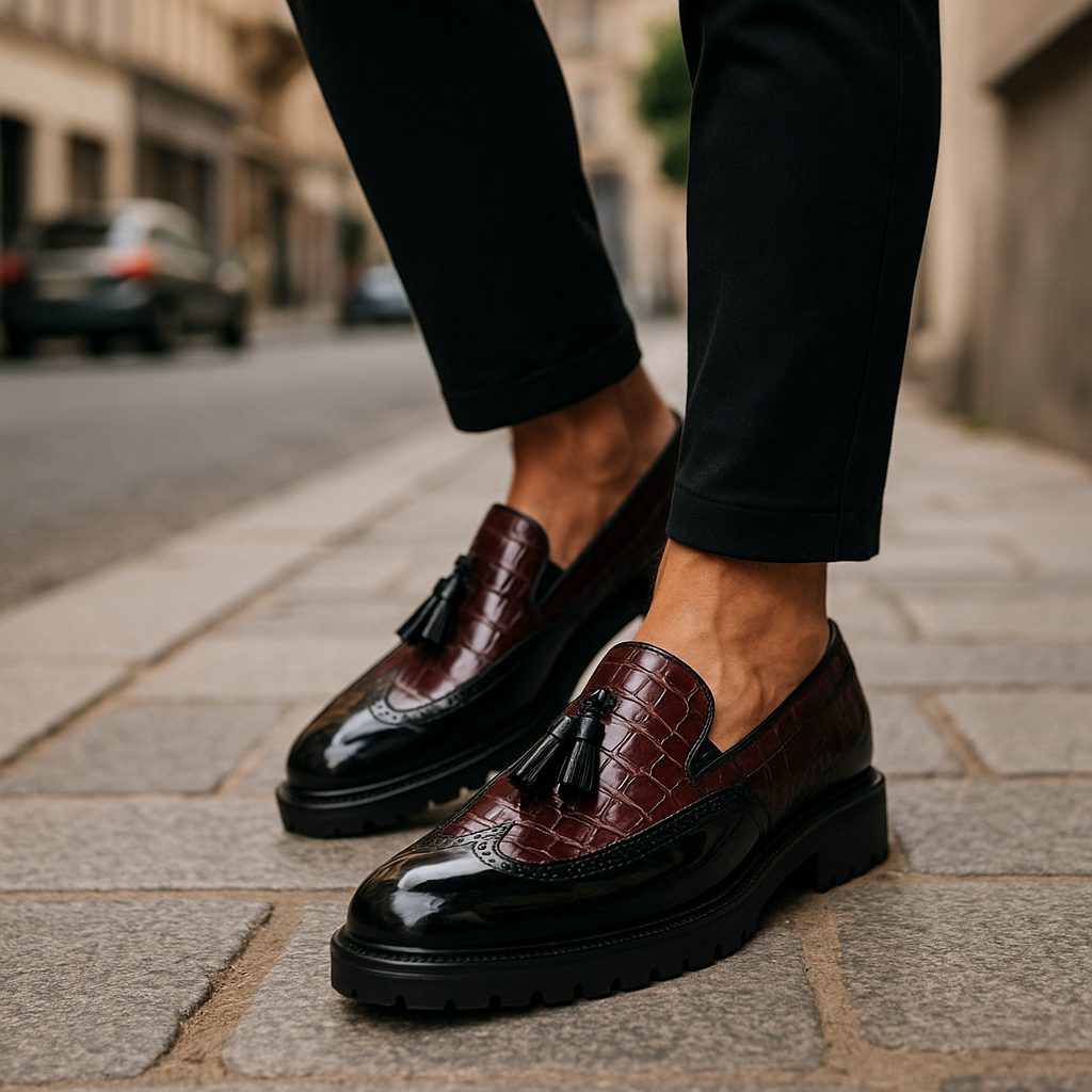 Croc-Embossed Tassel Loafers with Lug Sole for Men - View 4