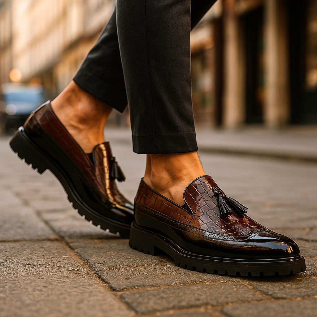 Croc-Embossed Tassel Loafers with Lug Sole for Men - View 5