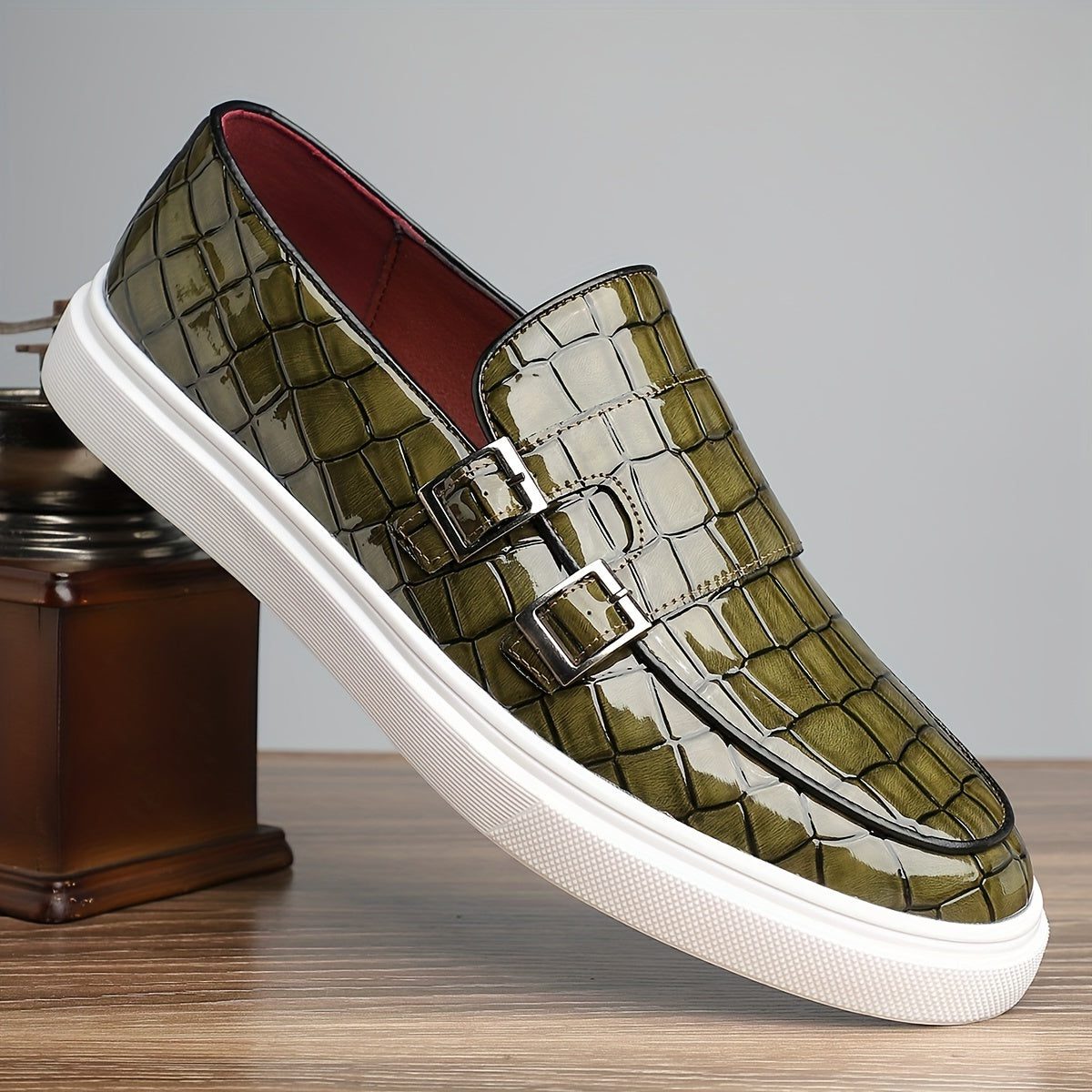 Crocodile Embossed Buckle Slip-On Loafers for Men - View 8
