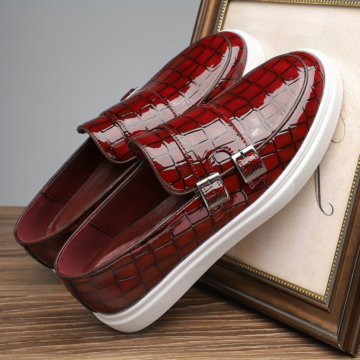Crocodile Embossed Buckle Slip-On Loafers for Men - View 13