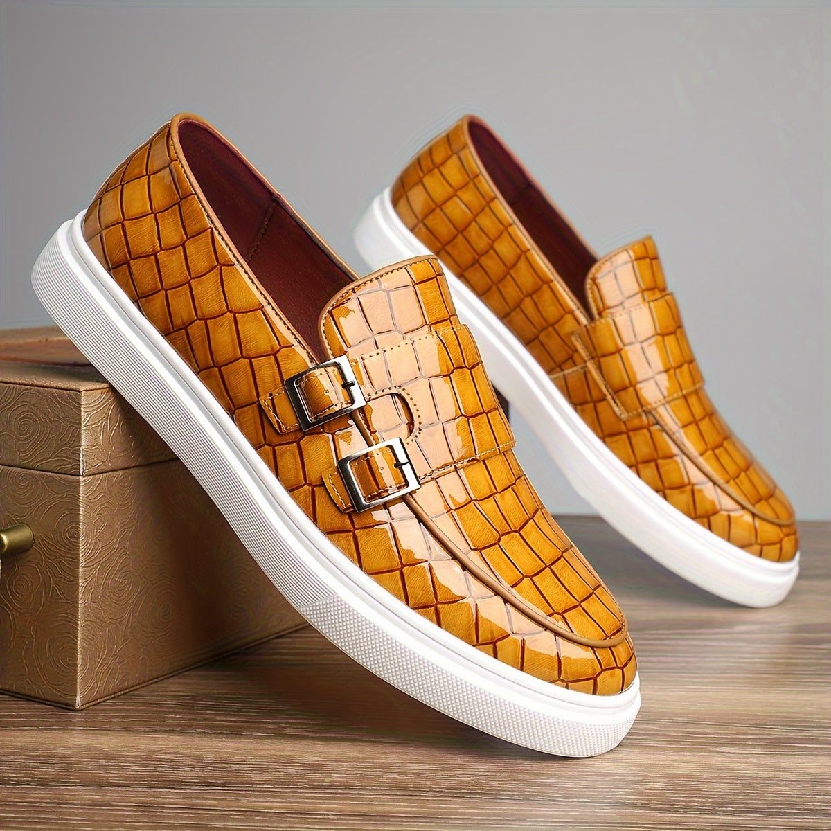 Crocodile Embossed Buckle Slip-On Loafers for Men - View 14