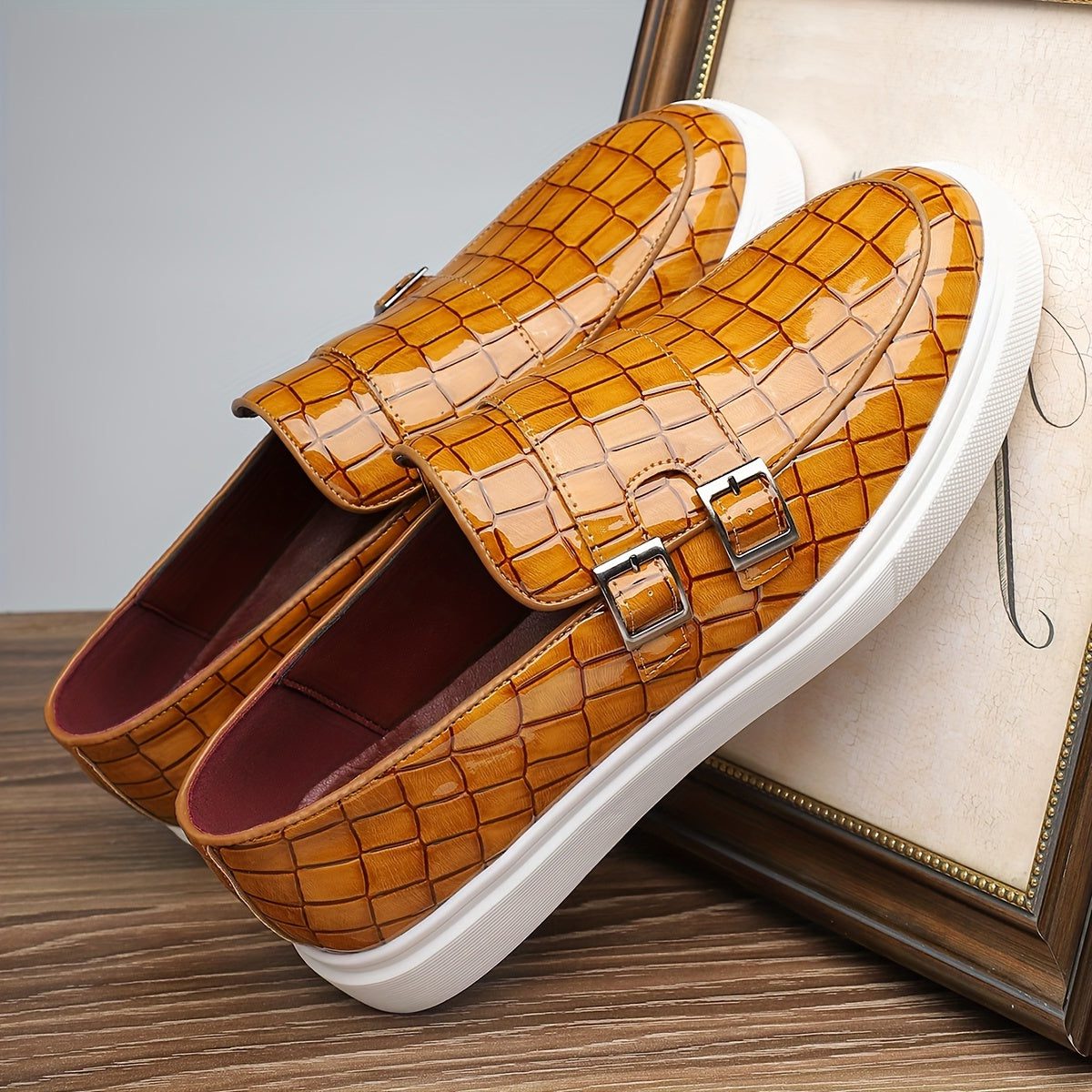 Crocodile Embossed Buckle Slip-On Loafers for Men - View 15