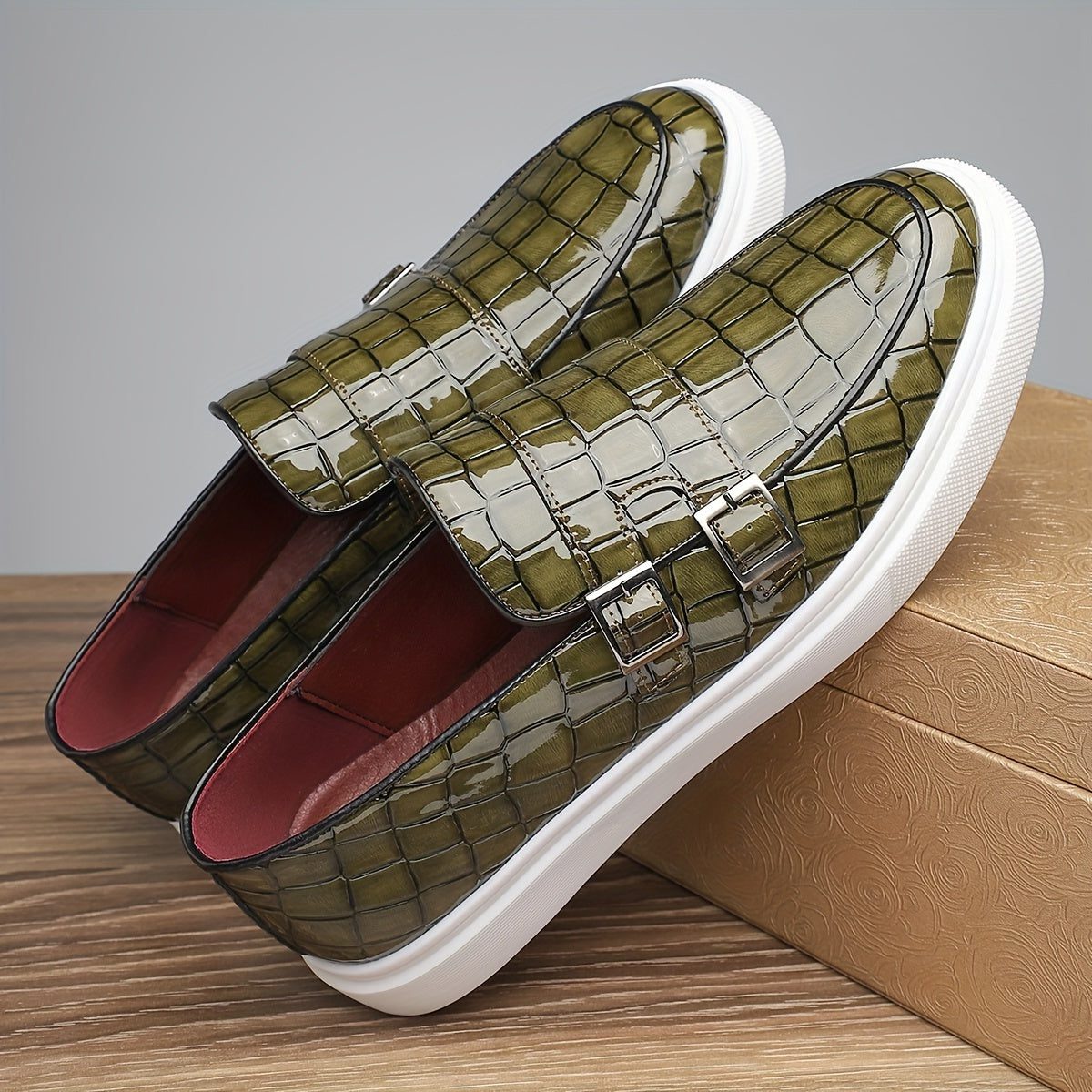Crocodile Embossed Buckle Slip-On Loafers for Men