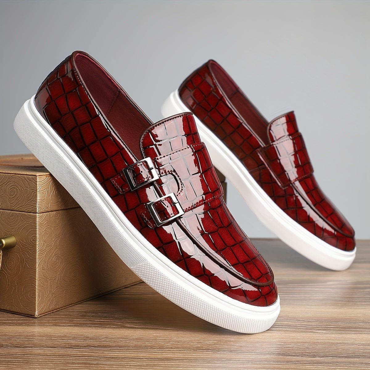 Crocodile Embossed Buckle Slip-On Loafers for Men - Red