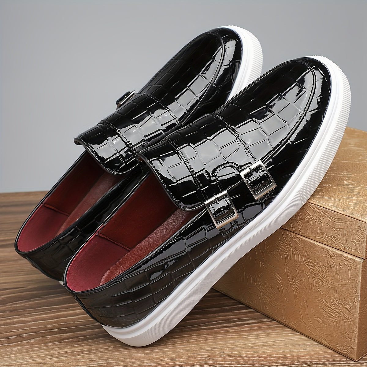 Crocodile Embossed Buckle Slip-On Loafers for Men - View 4