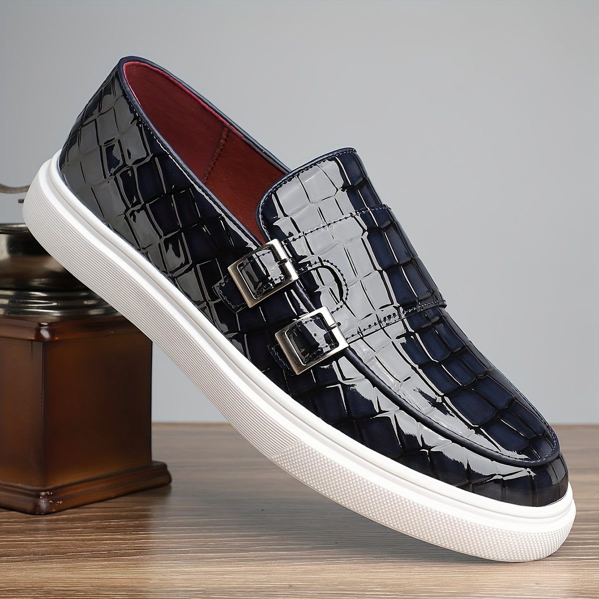 Crocodile Embossed Buckle Slip-On Loafers for Men - View 7