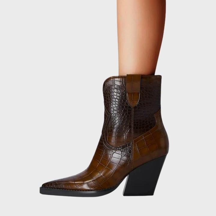 Crocodile Embossed Pointed Toe Wedge Boot for Women - Dark Brown