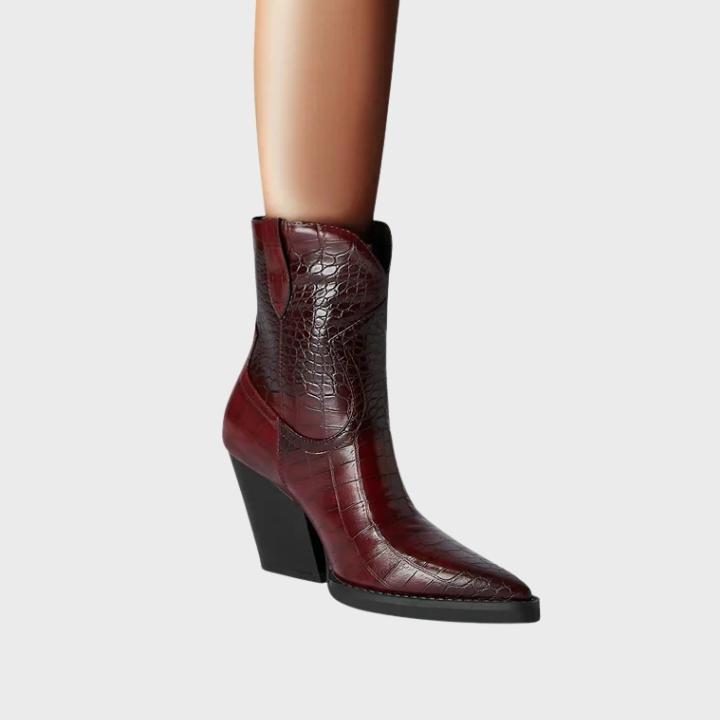 Crocodile Embossed Pointed Toe Wedge Boot for Women - Wine Red