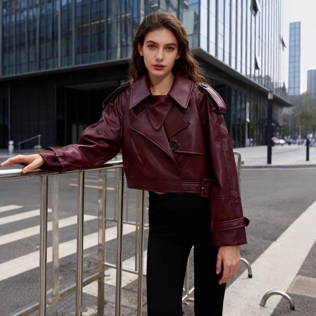 Cropped Belted Double-Breasted Leather Trench Coat for Women