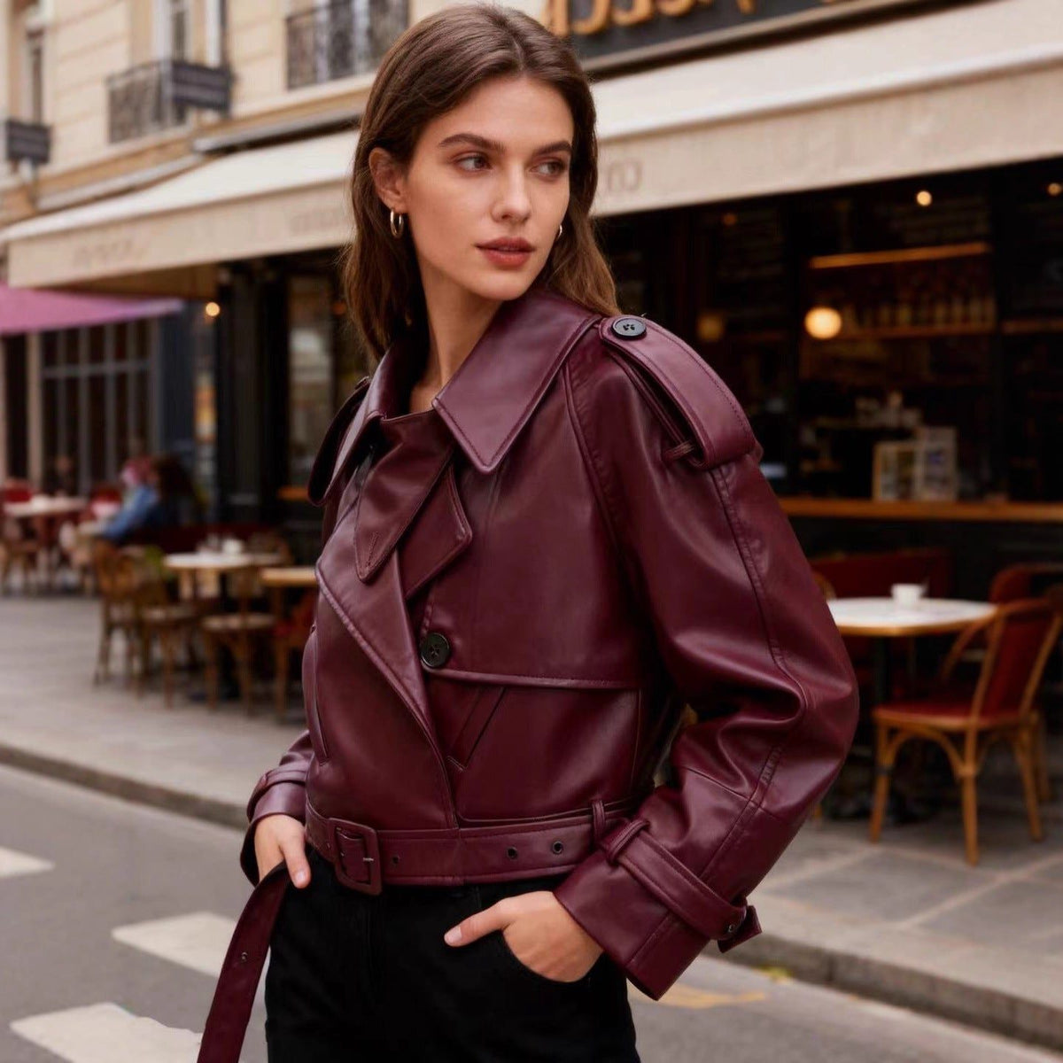 Cropped Belted Double-Breasted Leather Trench Coat for Women - View 2