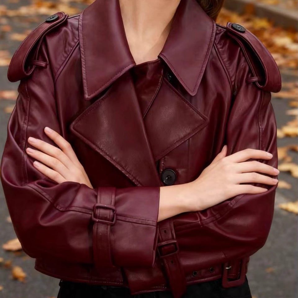 Cropped Belted Double-Breasted Leather Trench Coat for Women - View 3